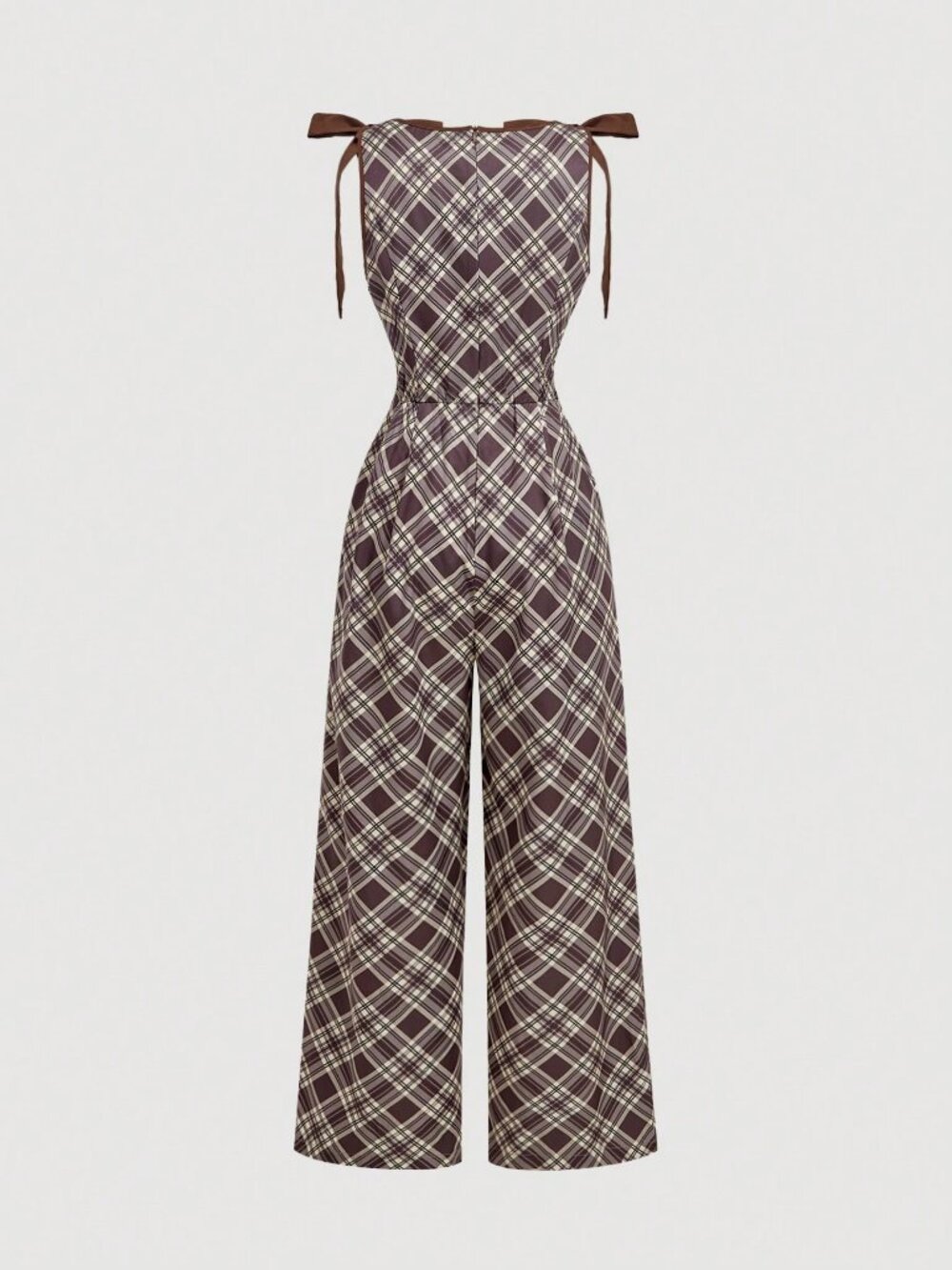 Brown Casual Women's Plaid Bow Decor Sleeveless Jumpsuit - Picture 5 of 6